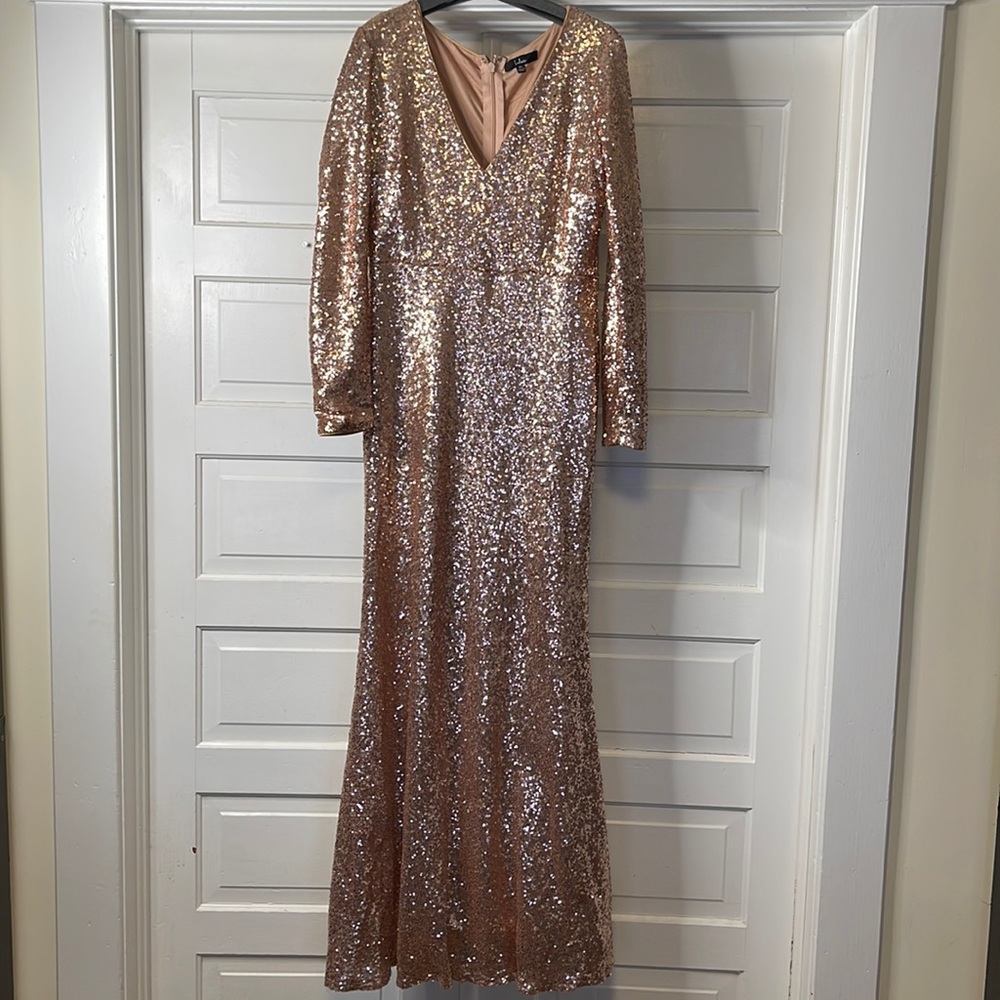 Lulus Sequin Rose Gold Long Sleeve Maxi Dress